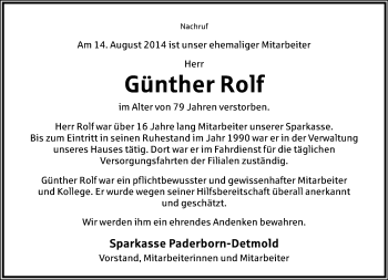 Anzeige  Günther Rolf  Lippische Landes-Zeitung