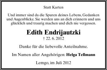 Anzeige  Edith Endrijautzki  Lippische Landes-Zeitung