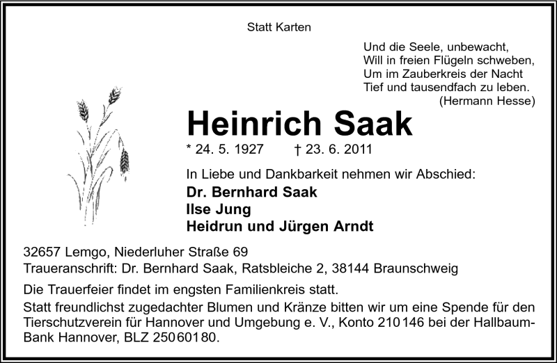 Traueranzeige für Heinrich Saak vom 27.06.2011 aus Lippische Landes-Zeitung