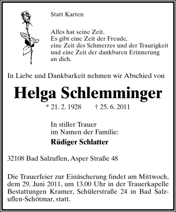 Anzeige  Helga Schlemminger  Lippische Landes-Zeitung