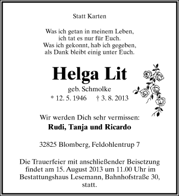 Anzeige  Helga Lit  Lippische Landes-Zeitung
