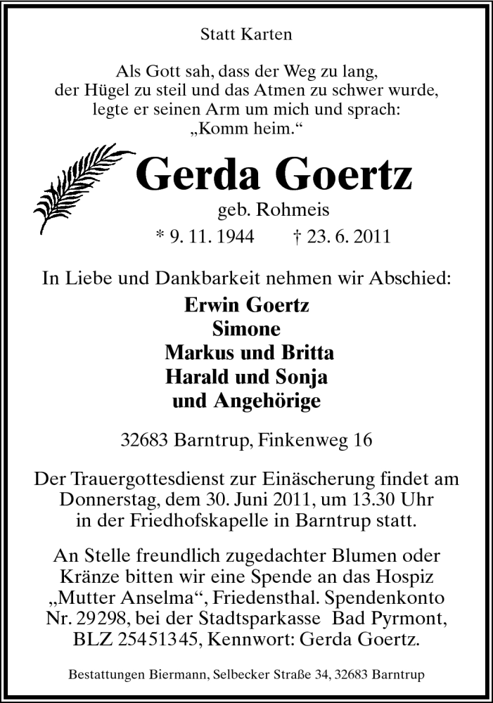  Traueranzeige für Gerda Goertz vom 27.06.2011 aus Lippische Landes-Zeitung