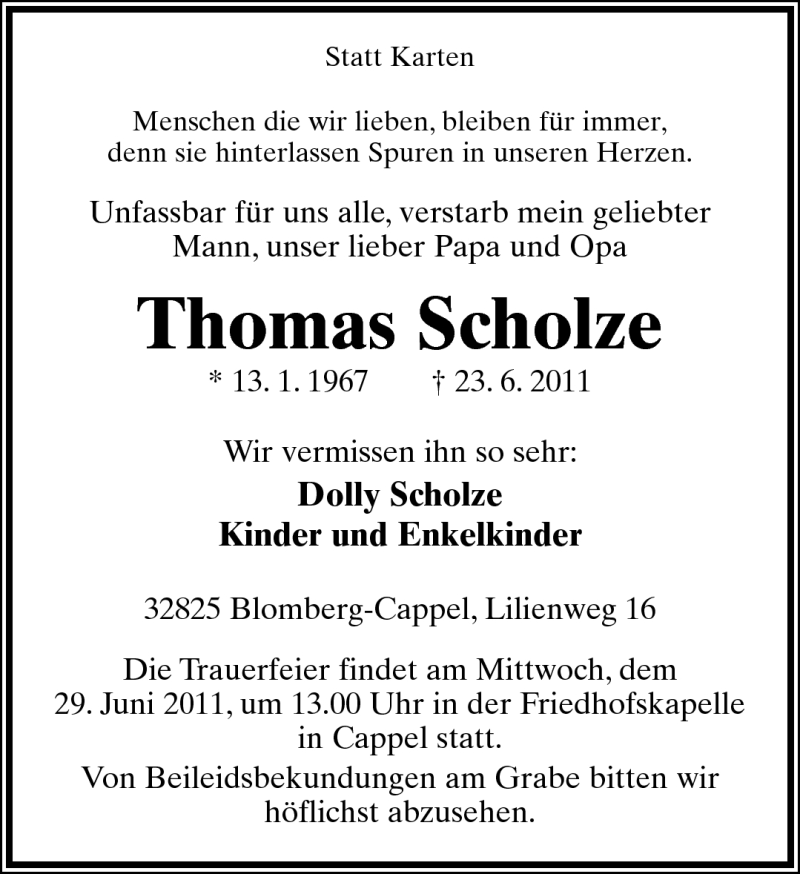  Traueranzeige für Thomas Scholze vom 27.06.2011 aus Lippische Landes-Zeitung