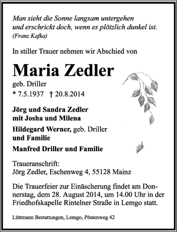 Anzeige  Maria Zedler  Lippische Landes-Zeitung