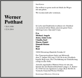 Anzeige  Werner Potthast  Lippische Landes-Zeitung