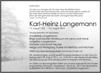 Anzeige  Karl-Heinz Langemann  Lippische Landes-Zeitung