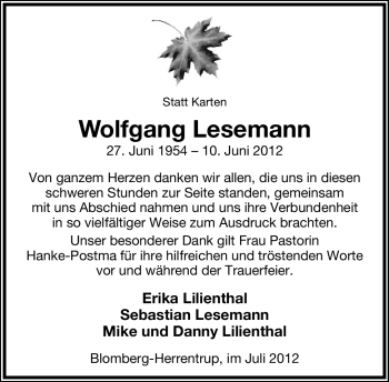 Anzeige  Wolfgang Lesemann  Lippische Landes-Zeitung