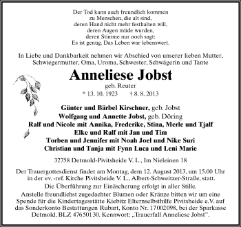 Anzeige  Anneliese Jobst  Lippische Landes-Zeitung