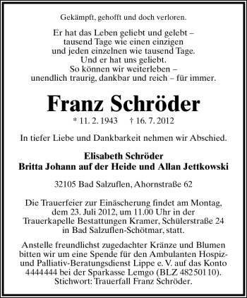 Anzeige  Franz Schröder  Lippische Landes-Zeitung