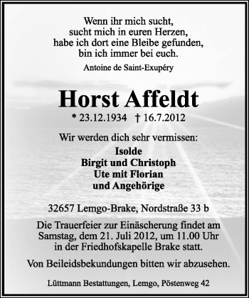 Anzeige  Horst Affeldt  Lippische Landes-Zeitung