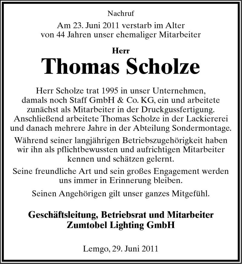  Traueranzeige für Thomas Scholze vom 29.06.2011 aus Lippische Landes-Zeitung