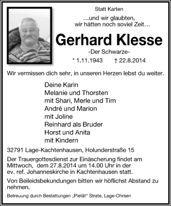 Anzeige  Gerhard Klesse  Lippische Landes-Zeitung