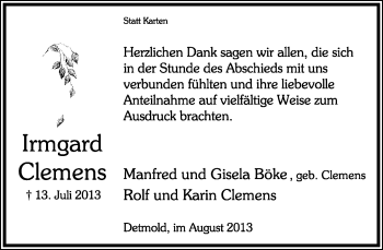 Anzeige  Irmgard Clemens  Lippische Landes-Zeitung