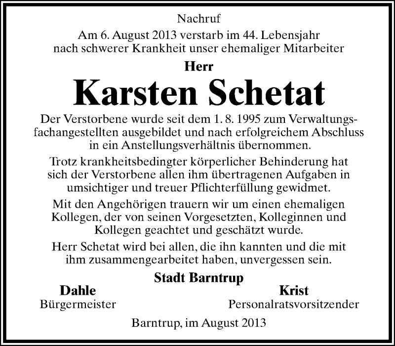  Traueranzeige für Karsten Schetat vom 13.08.2013 aus Lippische Landes-Zeitung