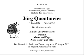 Anzeige  Jörg Quentmeier  Lippische Landes-Zeitung