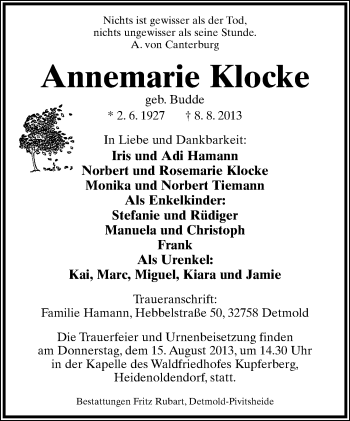 Anzeige  Annemarie Klocke  Lippische Landes-Zeitung