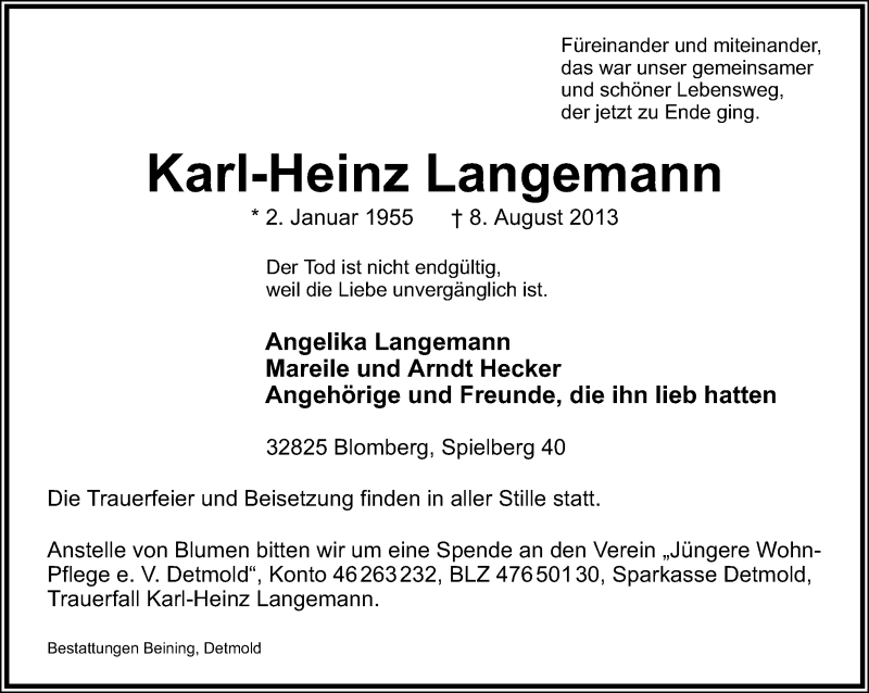  Traueranzeige für Karl-Heinz Langemann vom 10.08.2013 aus Lippische Landes-Zeitung
