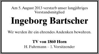 Anzeige  Ingeborg Bartscher  Lippische Landes-Zeitung