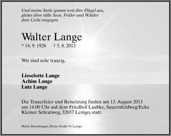 Anzeige  Walter Lange  Lippische Landes-Zeitung