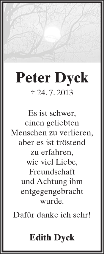 Anzeige  Peter Dyck  Lippische Landes-Zeitung