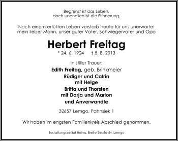Anzeige  Herbert Freitag  Lippische Landes-Zeitung