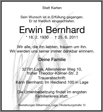 Anzeige  Erwin Bernhard  Lippische Landes-Zeitung