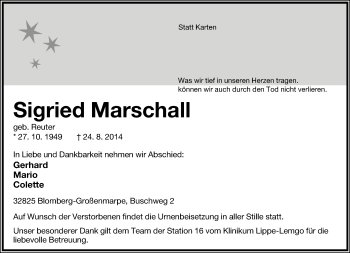 Anzeige  Sigried Marschall  Lippische Landes-Zeitung