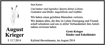 Anzeige  August Krieger  Lippische Landes-Zeitung