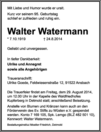 Anzeige  Walter Watermann  Lippische Landes-Zeitung