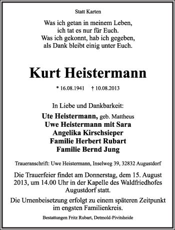 Anzeige  Kurt Heistermann  Lippische Landes-Zeitung