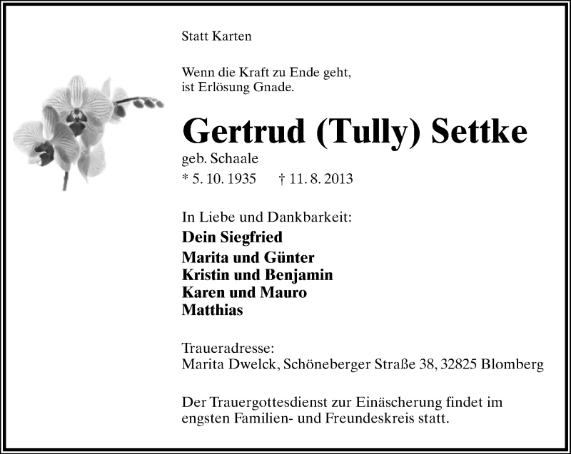  Traueranzeige für Gertrud Settke vom 13.08.2013 aus Lippische Landes-Zeitung