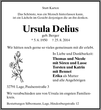 Anzeige  Ursula Delius  Lippische Landes-Zeitung