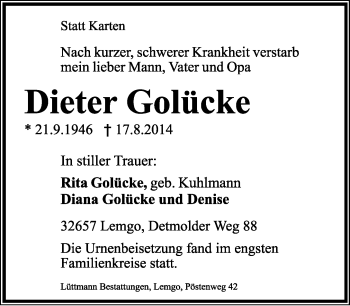 Anzeige  Dieter Golücke  Lippische Landes-Zeitung