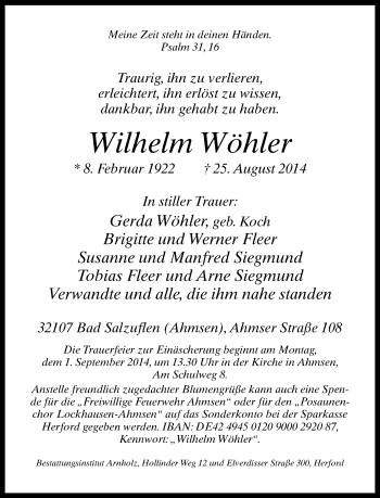 Anzeige  Wilhelm Wöhler  Lippische Landes-Zeitung
