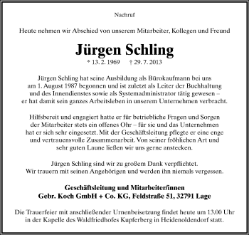 Anzeige  Jürgen Schling  Lippische Landes-Zeitung