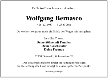 Anzeige  Wolfgang Bernasco  Lippische Landes-Zeitung