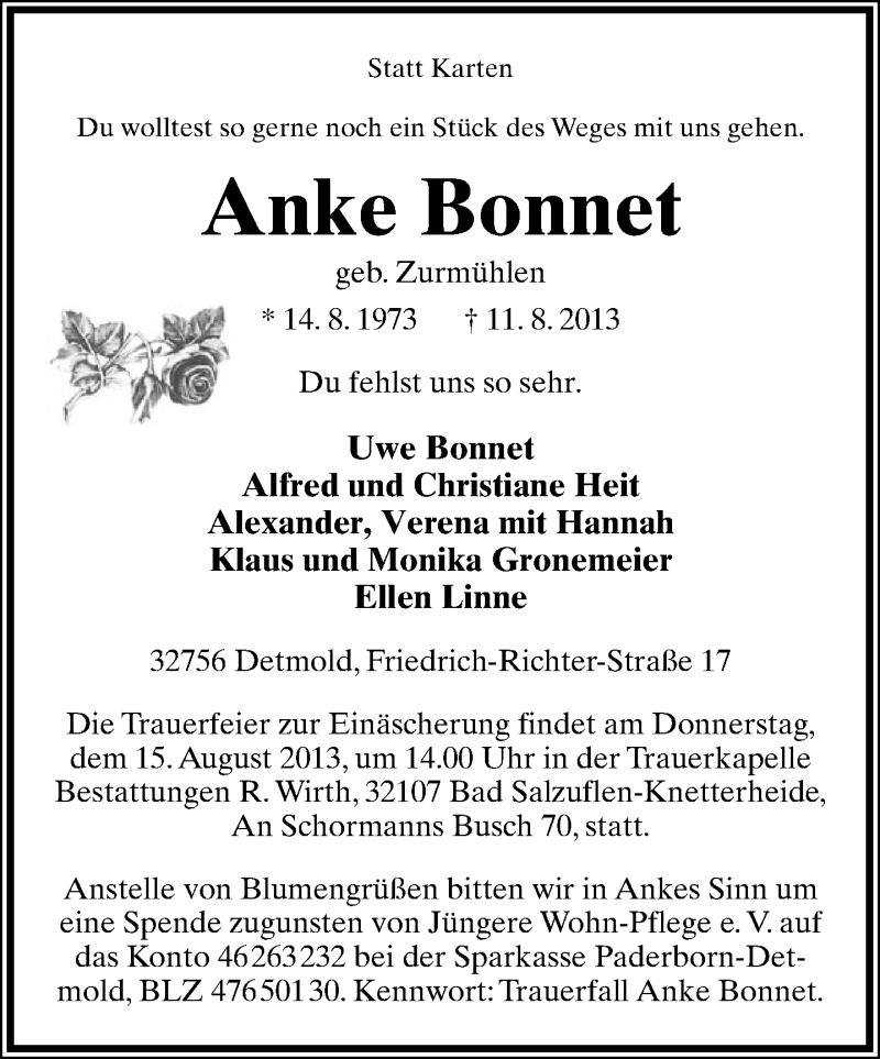  Traueranzeige für Anke Bonnet vom 13.08.2013 aus Lippische Landes-Zeitung