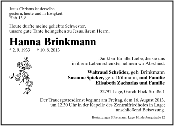 Anzeige  Hanna Brinkmann  Lippische Landes-Zeitung