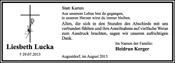 Anzeige  Liesbeth Lucka  Lippische Landes-Zeitung