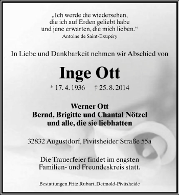 Anzeige  Inge Ott  Lippische Landes-Zeitung