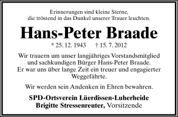 Anzeige  Hans-Peter Braade  Lippische Landes-Zeitung
