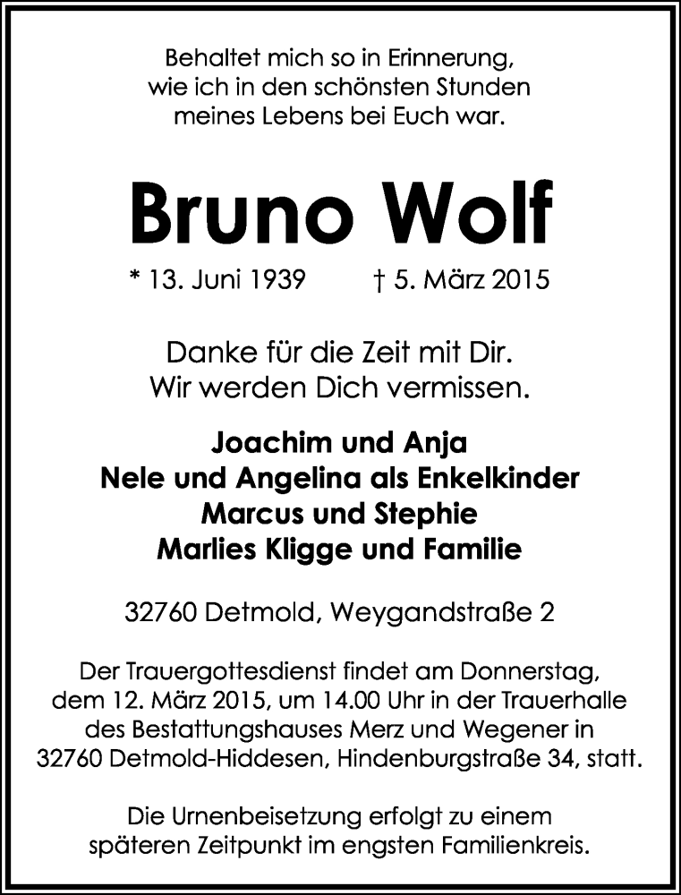  Traueranzeige für Bruno Wolf vom 07.03.2015 aus Lippische Landes-Zeitung