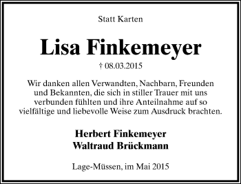 Anzeige  Lisa Finkemeyer  Lippische Landes-Zeitung