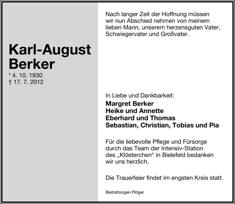  Traueranzeige für Karl-August Berker vom 21.07.2012 aus Lippische Landes-Zeitung