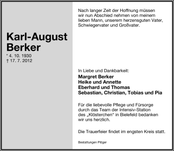 Anzeige  Karl-August Berker  Lippische Landes-Zeitung