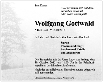 Anzeige  Wolfgang Gottwald  Lippische Landes-Zeitung