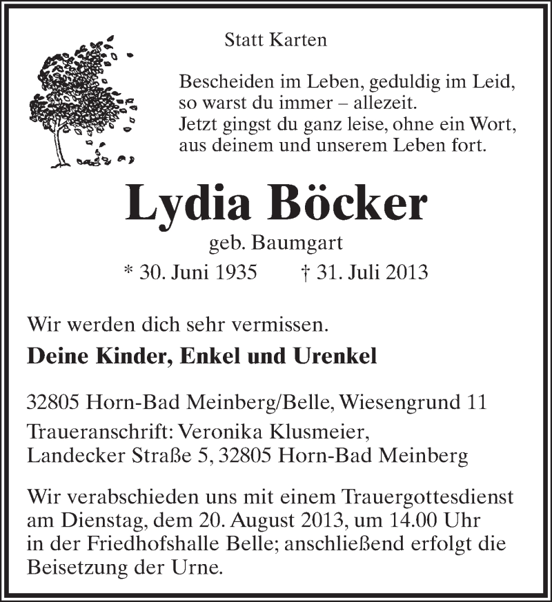  Traueranzeige für Lydia Böcker vom 17.08.2013 aus Lippische Landes-Zeitung