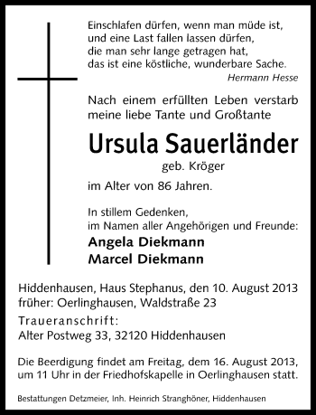 Anzeige  Ursula Sauerländer  Lippische Landes-Zeitung