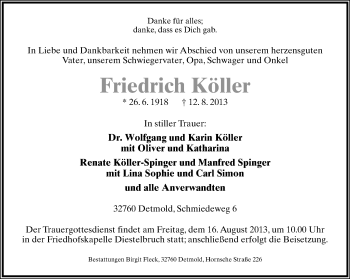 Anzeige  Friedrich Köller  Lippische Landes-Zeitung