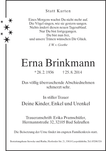 Anzeige  Erna Brinkmann  Lippische Landes-Zeitung